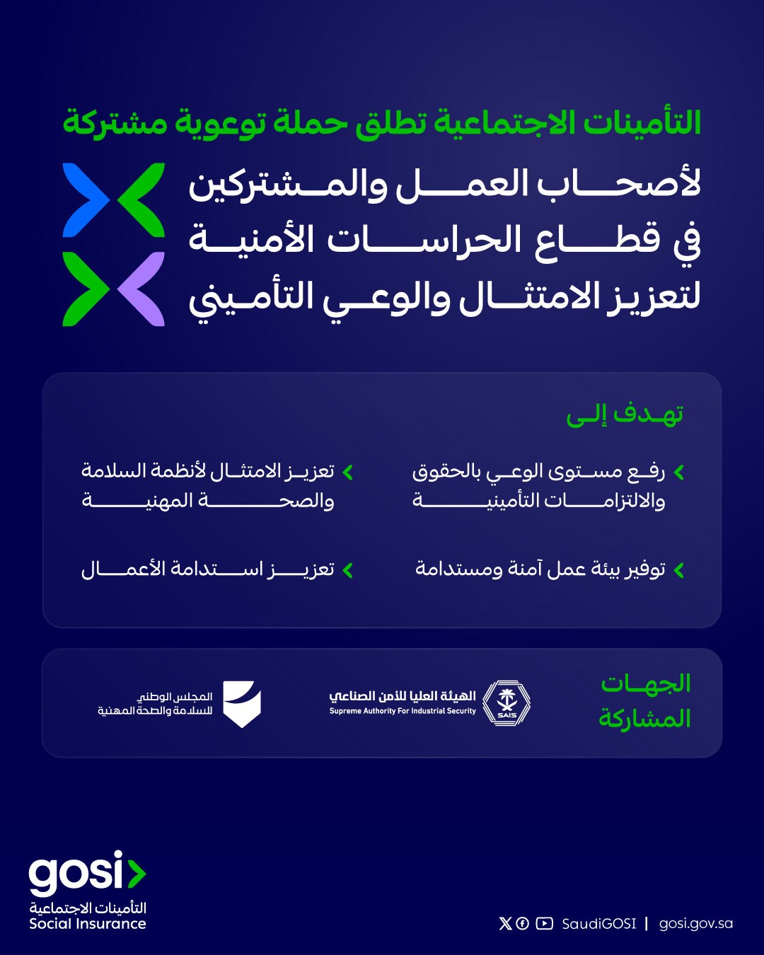 التأمينات الاجتماعية تطلق حملة توعوية مشتركة لتعزيز الامتثال والوعي التأميني في قطاع الحراسات الأمنية التأمينات الاجتماعية تطلق حملة توعوية مشتركة لتعزيز الامتثال والوعي التأميني في قطاع الحراسات الأمنية